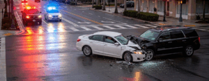 a busy Florida intersection with one car failing to yield to another, leading to a visible crash impact.