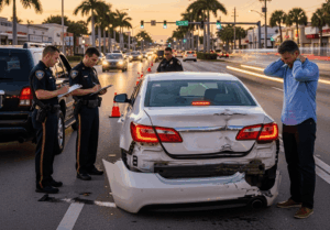 A rear-end car collision scene on a busy Florida road, with visible vehicle damage, police reports being filed, and a worried driver holding their neck in pain
