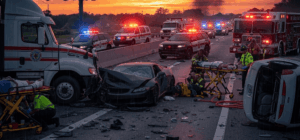A dramatic image of a car accident scene on a Florida highway with emergency responders assisting injured victims, emphasizing reckless driving dangers and justice for victims