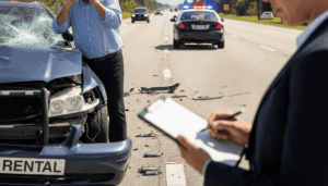 A damaged rental car on a Florida highway with police lights in the background, a worried driver speaking on the phone, and a legal professional reviewing documents, symbolizing guidance, justice, and support for accident victims.