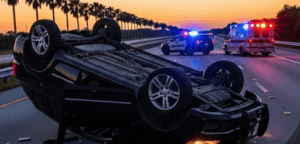 An overturned car on a Florida highway, emergency lights flashing in the background.