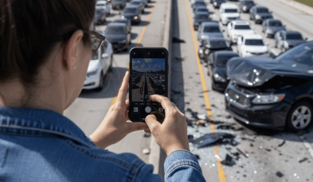 Primer plano de un conductor tomando fotos de los daños del vehículo en la escena del choque.