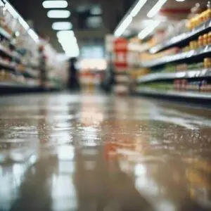 wet floor in supermarket, creating a danger of a slip and fall accident