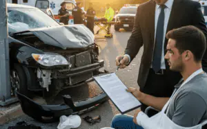 A serious car accident scene with a lawyer confidently discussing legal documents with an injured client, symbolizing justice and legal support