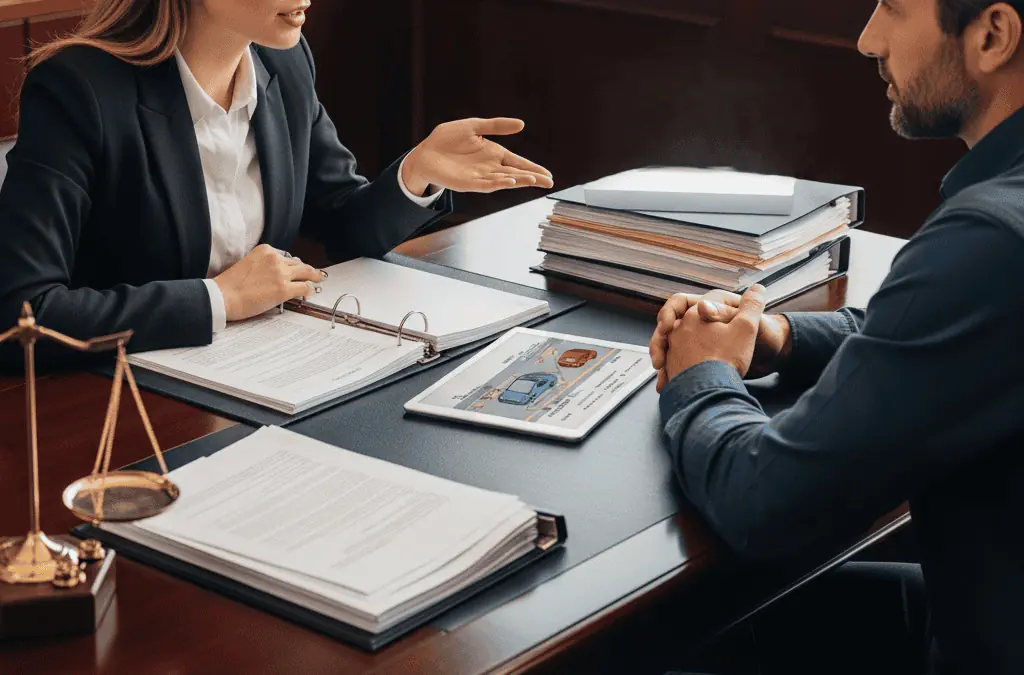 A car accident lawyer discussing a case with a client, paperwork on the table, symbolizing legal support.