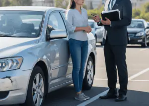 A concerned driver standing beside a slightly damaged car in a parking lot while talking to a professional attorney holding legal documents