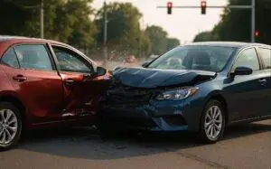 A dramatic intersection view showing two cars colliding at an angle, highlighting the moment of a side-impact crash.