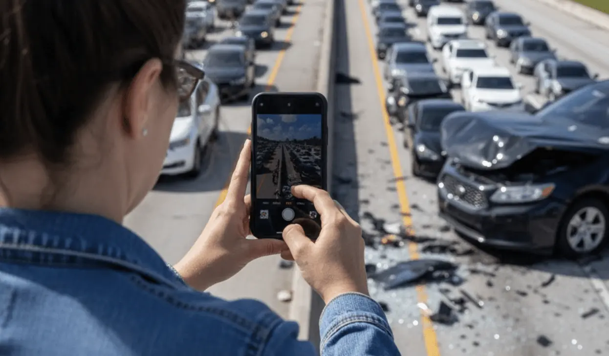 Primer plano de un conductor tomando fotos de los daños del vehículo en la escena del accidente.
