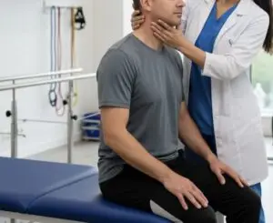 Physical therapy session showing a therapist helping a patient with neck mobility exercises in a modern clinic.