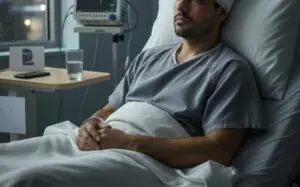 Injured man resting in a hospital bed with medical monitoring equipment beside him.