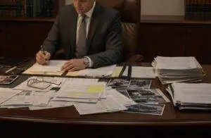 Attorney reviewing medical records and accident reports at a desk, legal books and courthouse imagery in background,
