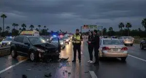 A police officer speaking with drivers at a car accident scene