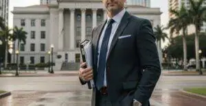 Attorney in a suit holding legal documents while standing outside a courthouse.