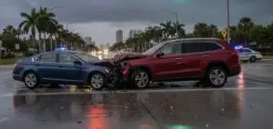 Alt text: “Two cars involved in a serious crash at an intersection with visible front-end damage and police lights in the background.