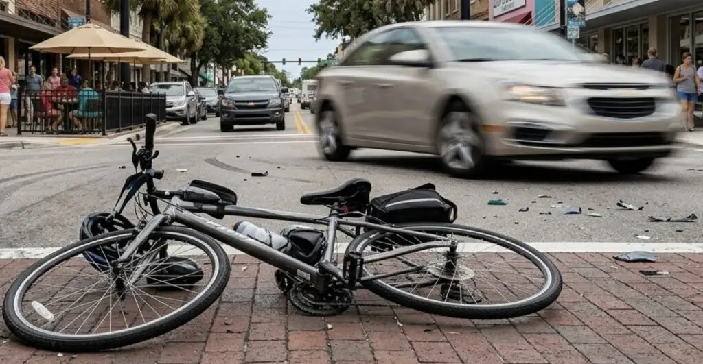 a bicycle on the ground after a crash with a blurred car in background