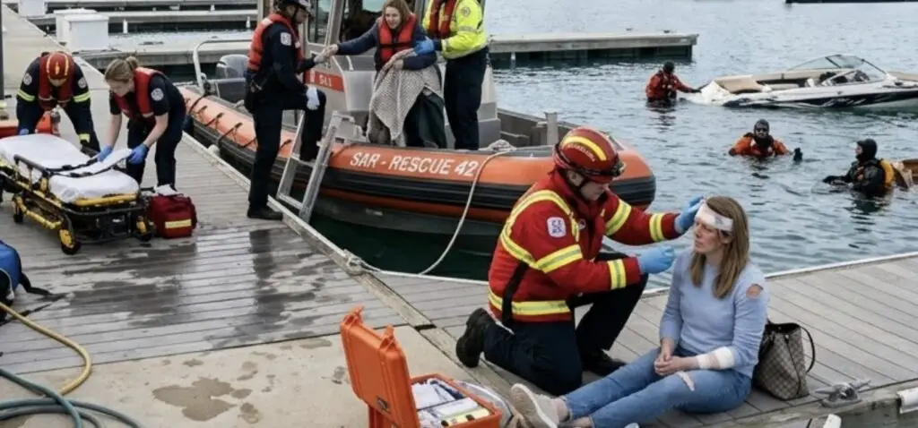 A rescue team responding to a boating accident, paramedics assisting injured passengers near dock