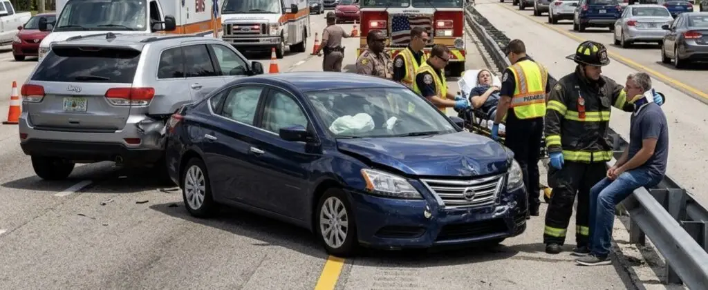A car accident scene on a busy Melbourne, Florida road with emergency responders assisting injured drivers