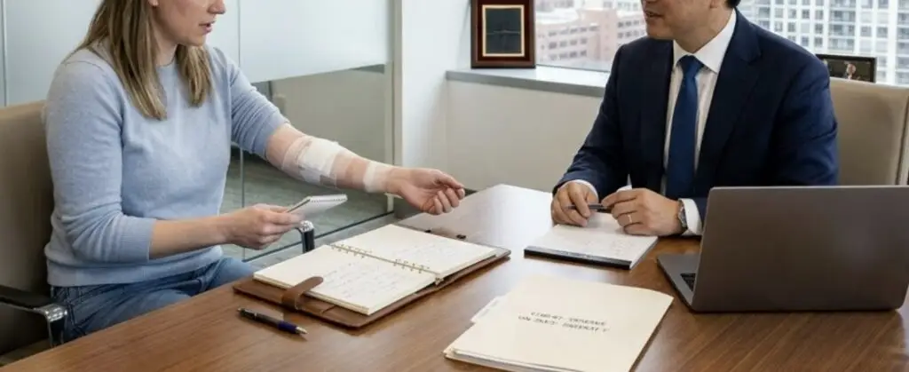 A personal injury lawyer consulting with a dog bite victim in a modern law office