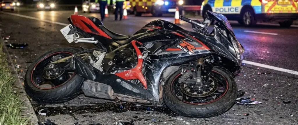 a damaged motorcycle on the roadside with police lights in the background
