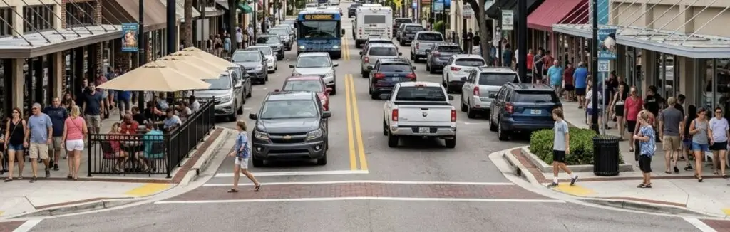A city street in downtown Melbourne, FL with heavy pedestrian traffic and vehicles
