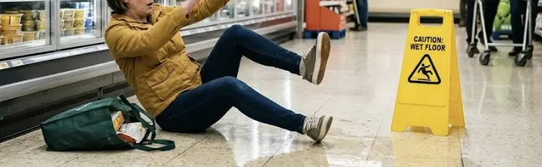 A scene of a person slipping on a wet floor inside a grocery store