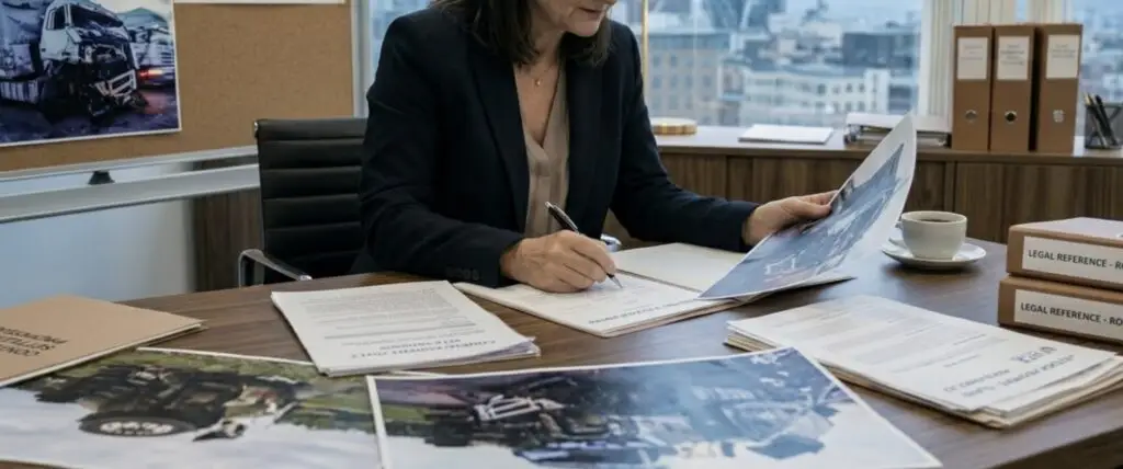 A truck accident lawyer in a modern office reviewing truck accident evidence, documents, and crash photos.