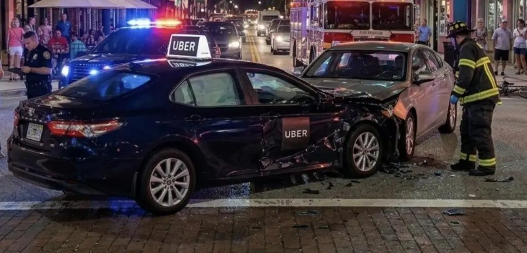 A rideshare accident scene in Melbourne, Florida at night with an Uber vehicle