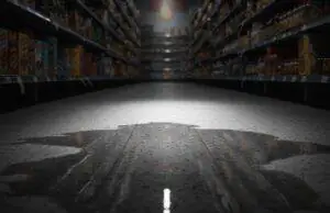 A grocery store aisle with a wet floor and no warning sign